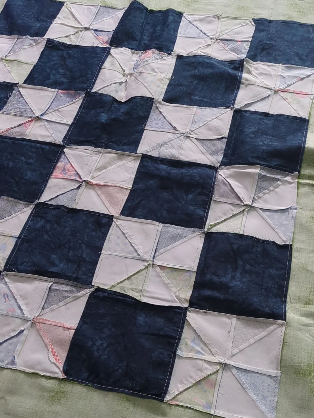 Handmade Unfinished Quilt Top UFO Blue Green Pinwheel Patchwork 41 x 35.5